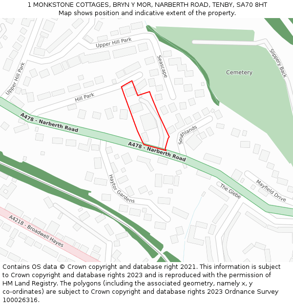 1 MONKSTONE COTTAGES, BRYN Y MOR, NARBERTH ROAD, TENBY, SA70 8HT: Location map and indicative extent of plot