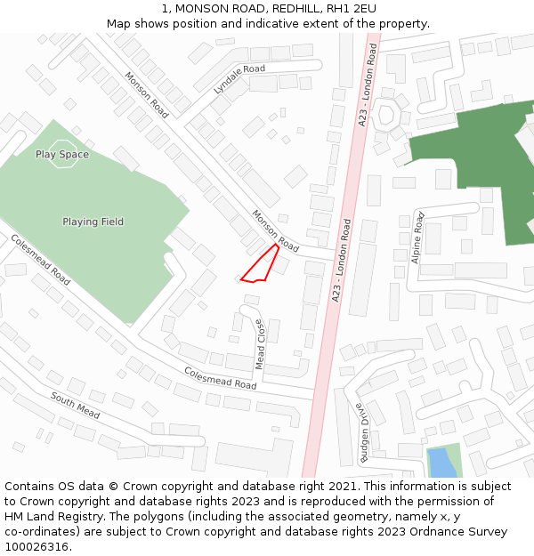 1, MONSON ROAD, REDHILL, RH1 2EU: Location map and indicative extent of plot