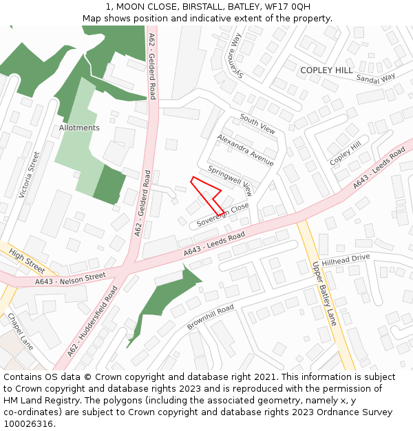 1, MOON CLOSE, BIRSTALL, BATLEY, WF17 0QH: Location map and indicative extent of plot