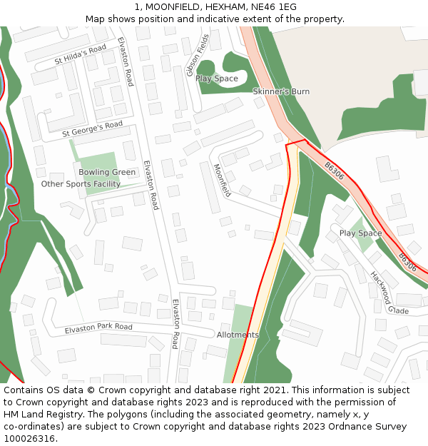 1, MOONFIELD, HEXHAM, NE46 1EG: Location map and indicative extent of plot