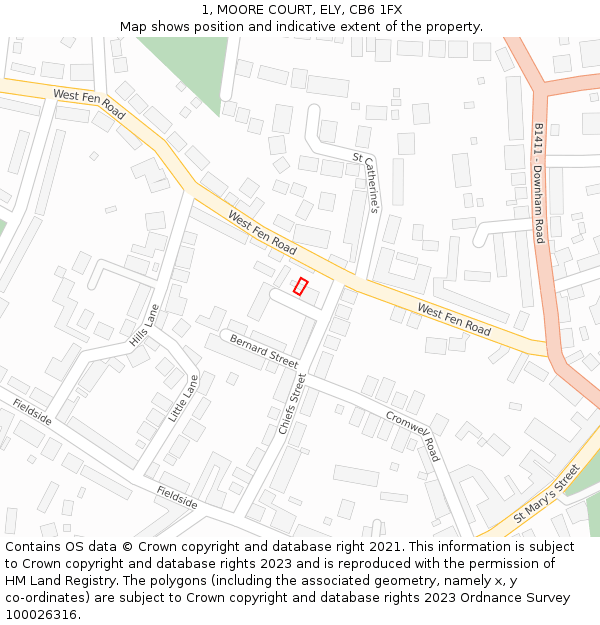 1, MOORE COURT, ELY, CB6 1FX: Location map and indicative extent of plot