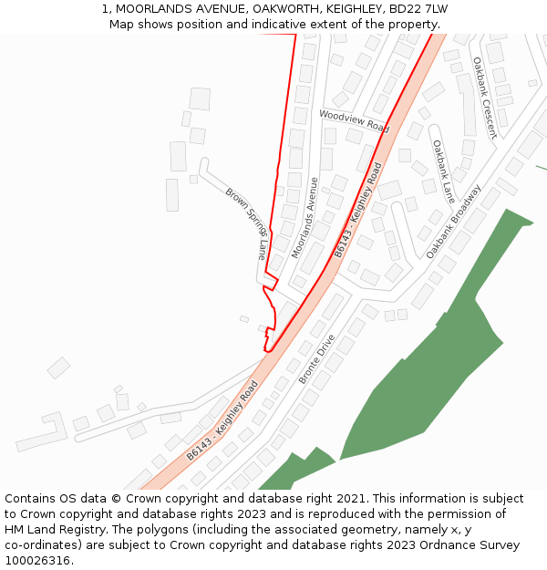 1, MOORLANDS AVENUE, OAKWORTH, KEIGHLEY, BD22 7LW: Location map and indicative extent of plot