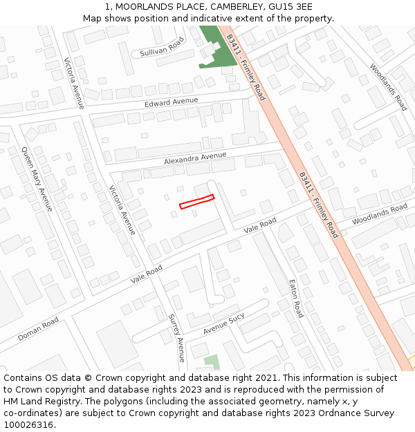 1, MOORLANDS PLACE, CAMBERLEY, GU15 3EE: Location map and indicative extent of plot