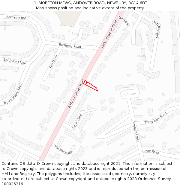 1, MORETON MEWS, ANDOVER ROAD, NEWBURY, RG14 6BT: Location map and indicative extent of plot