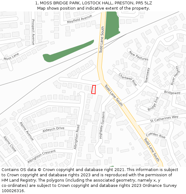 1, MOSS BRIDGE PARK, LOSTOCK HALL, PRESTON, PR5 5LZ: Location map and indicative extent of plot