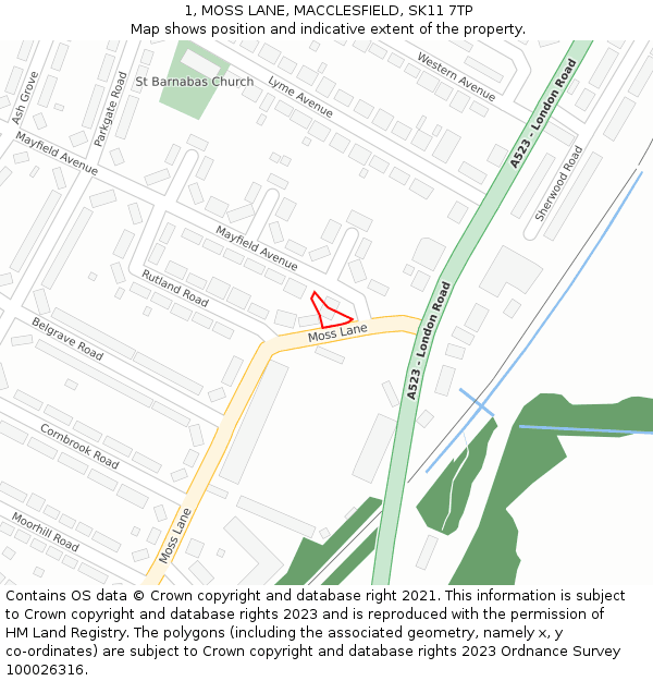 1, MOSS LANE, MACCLESFIELD, SK11 7TP: Location map and indicative extent of plot