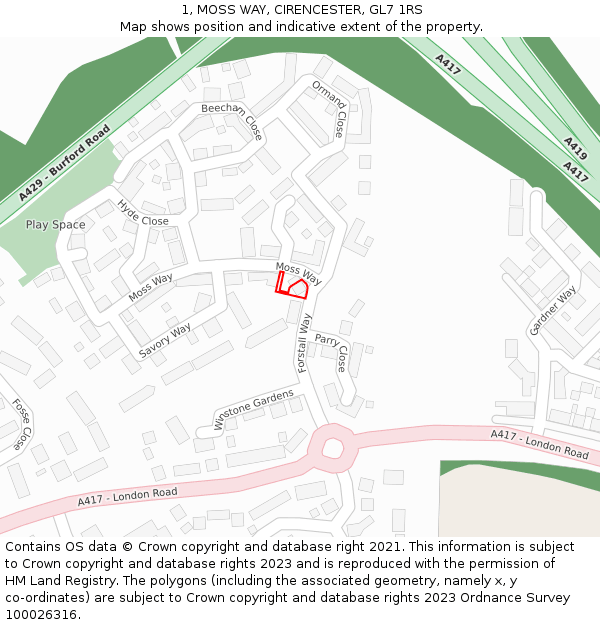 1, MOSS WAY, CIRENCESTER, GL7 1RS: Location map and indicative extent of plot