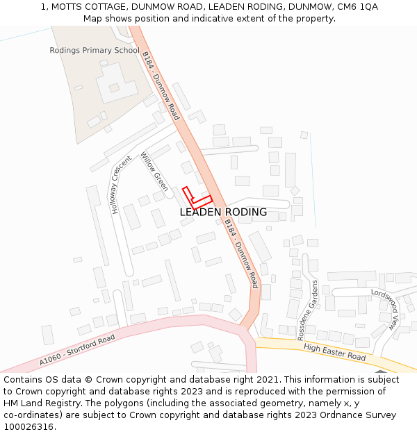 1, MOTTS COTTAGE, DUNMOW ROAD, LEADEN RODING, DUNMOW, CM6 1QA: Location map and indicative extent of plot