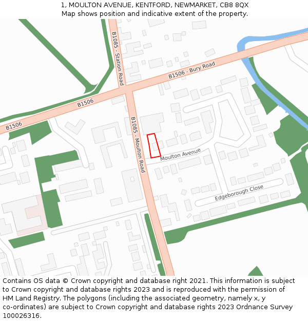 1, MOULTON AVENUE, KENTFORD, NEWMARKET, CB8 8QX: Location map and indicative extent of plot