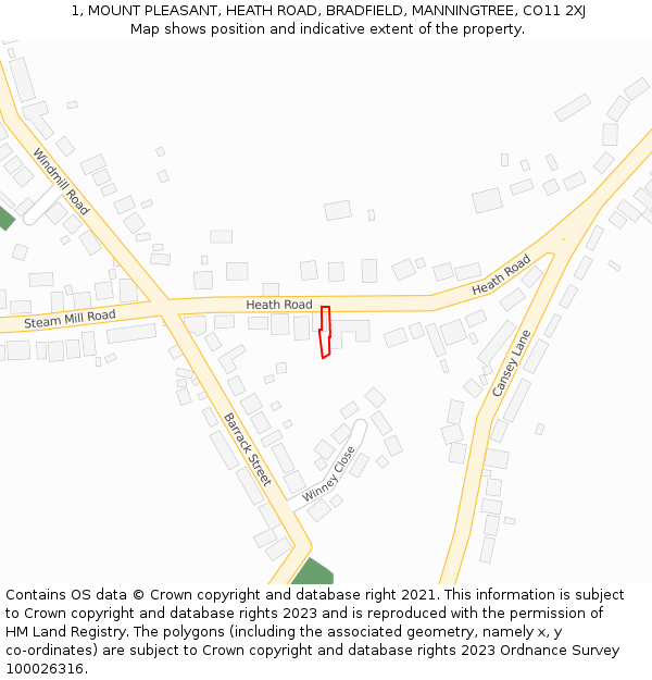 1, MOUNT PLEASANT, HEATH ROAD, BRADFIELD, MANNINGTREE, CO11 2XJ: Location map and indicative extent of plot