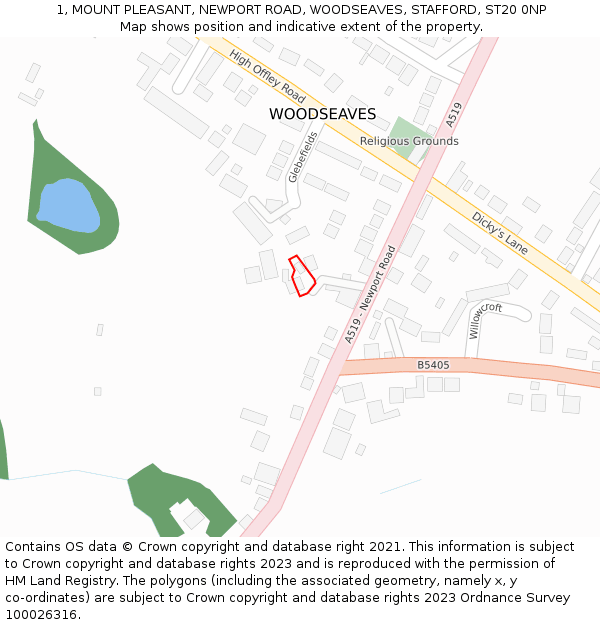 1, MOUNT PLEASANT, NEWPORT ROAD, WOODSEAVES, STAFFORD, ST20 0NP: Location map and indicative extent of plot