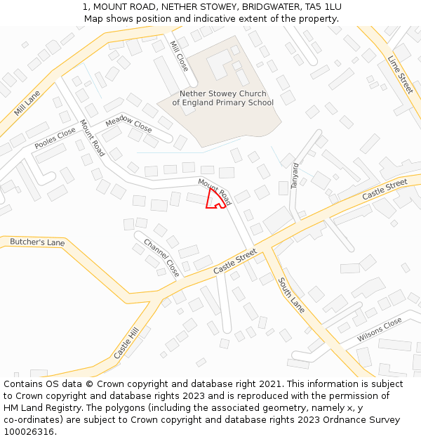 1, MOUNT ROAD, NETHER STOWEY, BRIDGWATER, TA5 1LU: Location map and indicative extent of plot