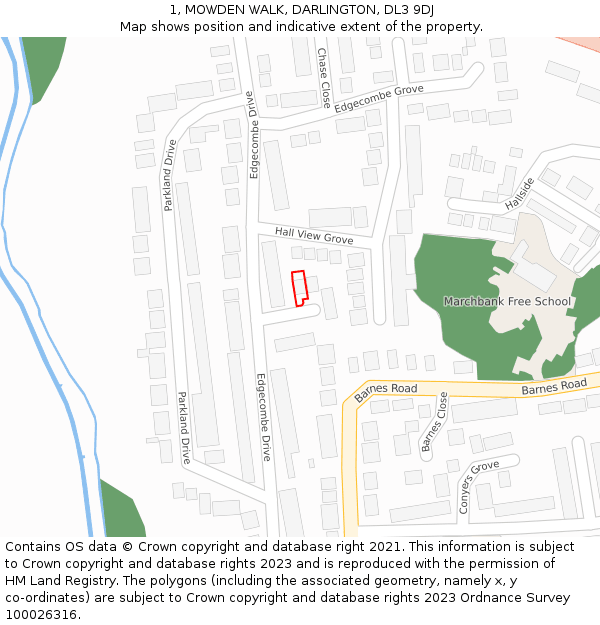 1, MOWDEN WALK, DARLINGTON, DL3 9DJ: Location map and indicative extent of plot