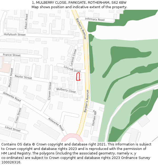 1, MULBERRY CLOSE, PARKGATE, ROTHERHAM, S62 6BW: Location map and indicative extent of plot