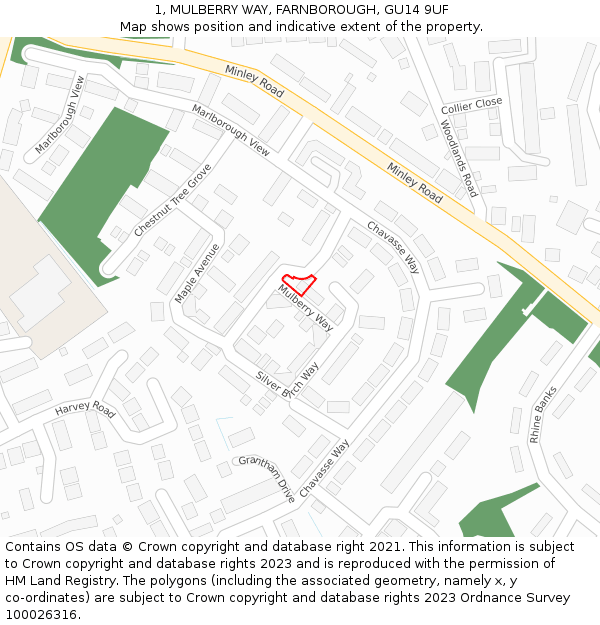 1, MULBERRY WAY, FARNBOROUGH, GU14 9UF: Location map and indicative extent of plot