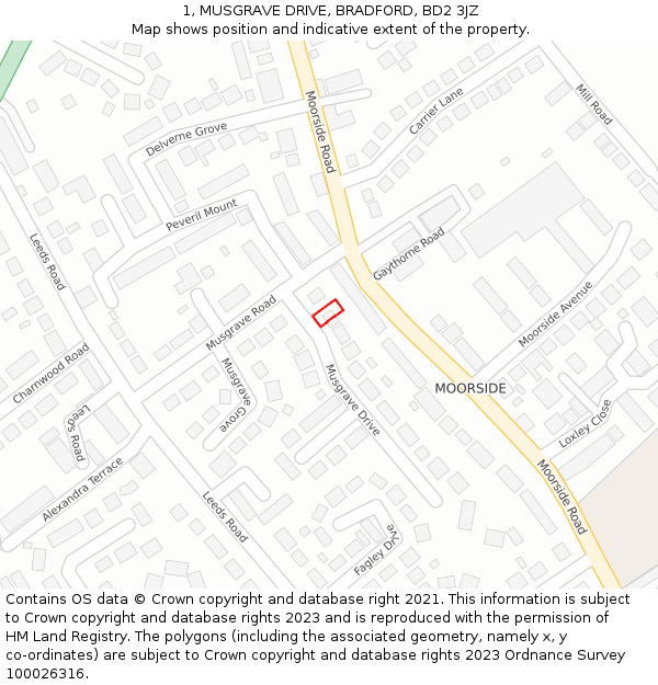 1, MUSGRAVE DRIVE, BRADFORD, BD2 3JZ: Location map and indicative extent of plot