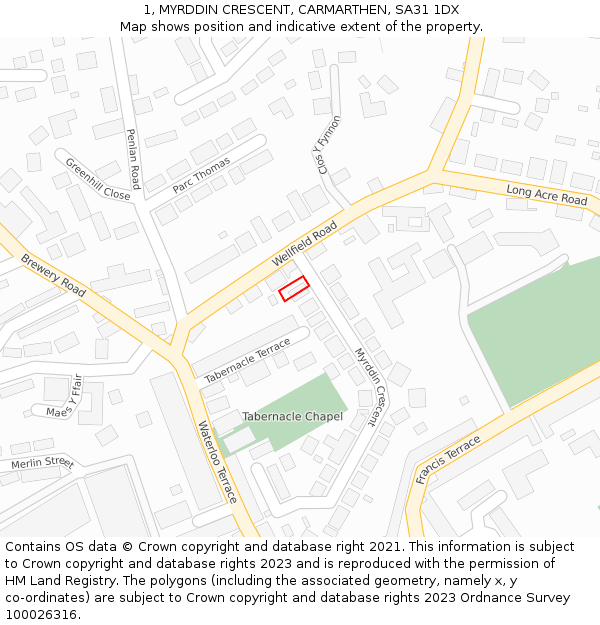 1, MYRDDIN CRESCENT, CARMARTHEN, SA31 1DX: Location map and indicative extent of plot