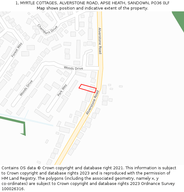 1, MYRTLE COTTAGES, ALVERSTONE ROAD, APSE HEATH, SANDOWN, PO36 0LF: Location map and indicative extent of plot