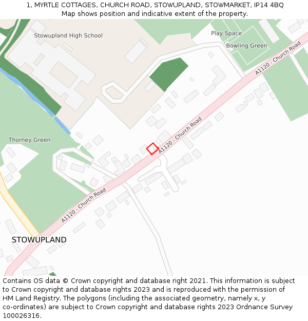 1, MYRTLE COTTAGES, CHURCH ROAD, STOWUPLAND, STOWMARKET, IP14 4BQ: Location map and indicative extent of plot