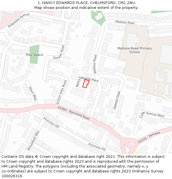 1, NANCY EDWARDS PLACE, CHELMSFORD, CM1 2WU: Location map and indicative extent of plot