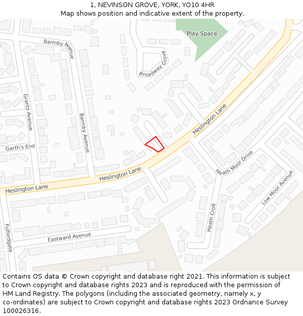 1, NEVINSON GROVE, YORK, YO10 4HR: Location map and indicative extent of plot