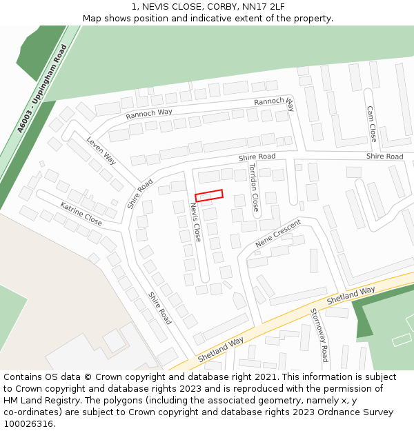 1, NEVIS CLOSE, CORBY, NN17 2LF: Location map and indicative extent of plot