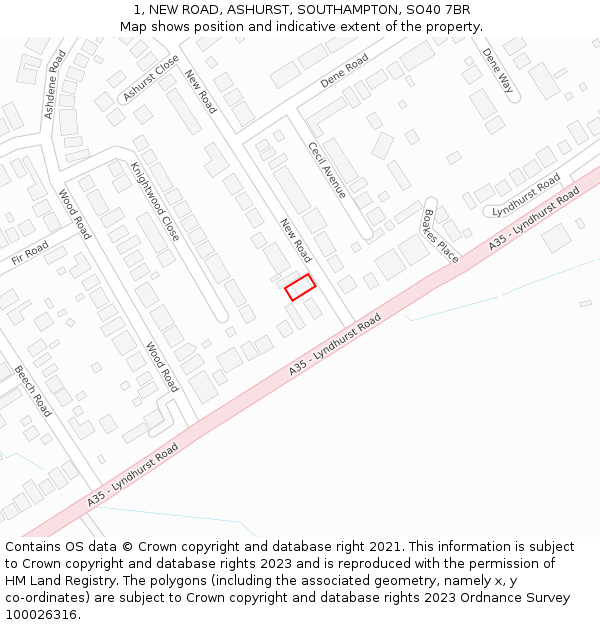 1, NEW ROAD, ASHURST, SOUTHAMPTON, SO40 7BR: Location map and indicative extent of plot