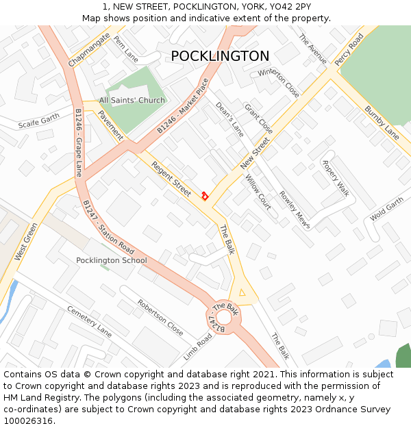 1, NEW STREET, POCKLINGTON, YORK, YO42 2PY: Location map and indicative extent of plot