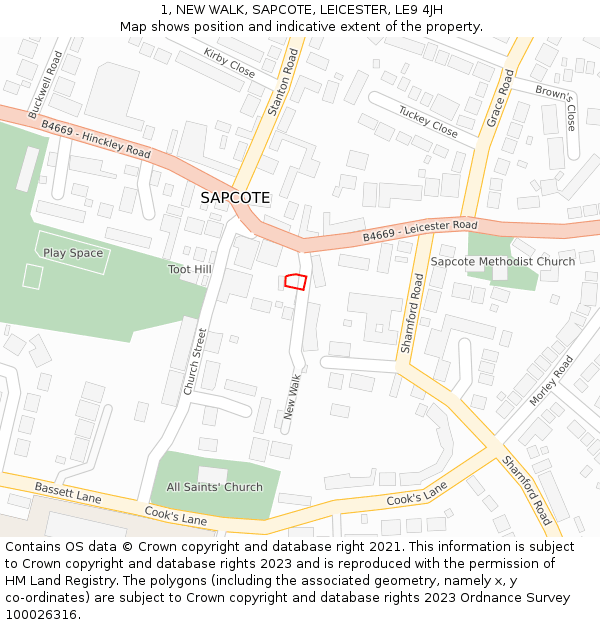 1, NEW WALK, SAPCOTE, LEICESTER, LE9 4JH: Location map and indicative extent of plot