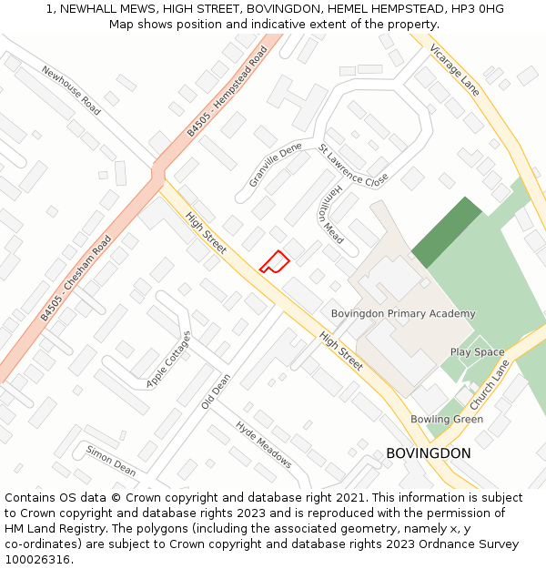 1, NEWHALL MEWS, HIGH STREET, BOVINGDON, HEMEL HEMPSTEAD, HP3 0HG: Location map and indicative extent of plot