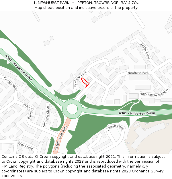 1, NEWHURST PARK, HILPERTON, TROWBRIDGE, BA14 7QU: Location map and indicative extent of plot