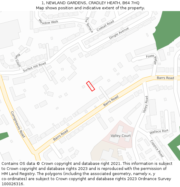 1, NEWLAND GARDENS, CRADLEY HEATH, B64 7HQ: Location map and indicative extent of plot