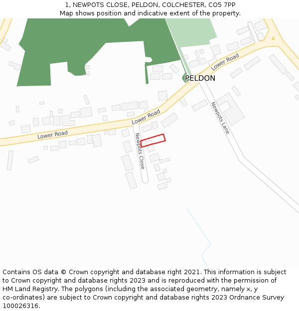 1, NEWPOTS CLOSE, PELDON, COLCHESTER, CO5 7PP: Location map and indicative extent of plot