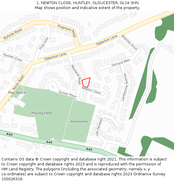 1, NEWTON CLOSE, HUNTLEY, GLOUCESTER, GL19 3HN: Location map and indicative extent of plot