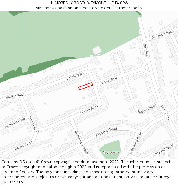 1, NORFOLK ROAD, WEYMOUTH, DT4 0PW: Location map and indicative extent of plot