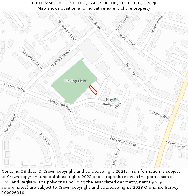 1, NORMAN DAGLEY CLOSE, EARL SHILTON, LEICESTER, LE9 7JG: Location map and indicative extent of plot