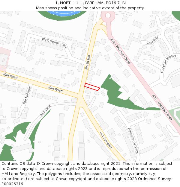 1, NORTH HILL, FAREHAM, PO16 7HN: Location map and indicative extent of plot