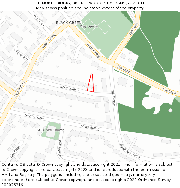 1, NORTH RIDING, BRICKET WOOD, ST ALBANS, AL2 3LH: Location map and indicative extent of plot