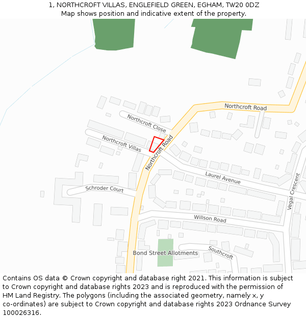 1, NORTHCROFT VILLAS, ENGLEFIELD GREEN, EGHAM, TW20 0DZ: Location map and indicative extent of plot