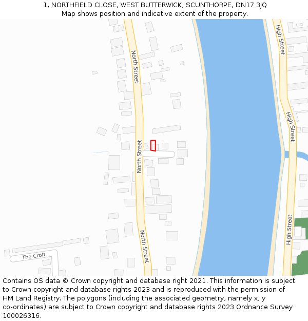 1, NORTHFIELD CLOSE, WEST BUTTERWICK, SCUNTHORPE, DN17 3JQ: Location map and indicative extent of plot