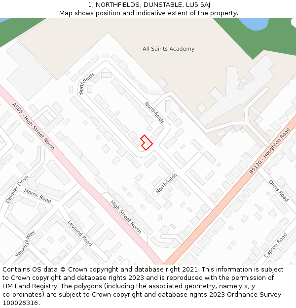 1, NORTHFIELDS, DUNSTABLE, LU5 5AJ: Location map and indicative extent of plot