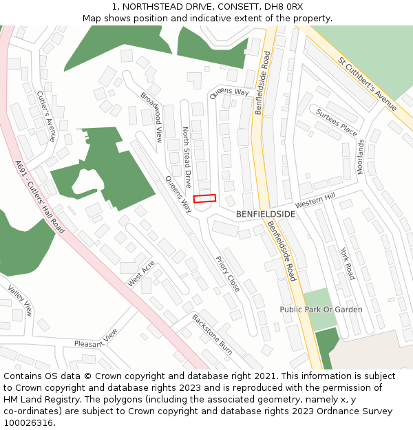 1, NORTHSTEAD DRIVE, CONSETT, DH8 0RX: Location map and indicative extent of plot