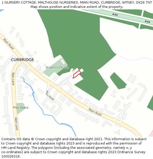 1 NURSERY COTTAGE, MALTHOUSE NURSERIES, MAIN ROAD, CURBRIDGE, WITNEY, OX29 7NT: Location map and indicative extent of plot