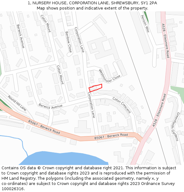 1, NURSERY HOUSE, CORPORATION LANE, SHREWSBURY, SY1 2PA: Location map and indicative extent of plot