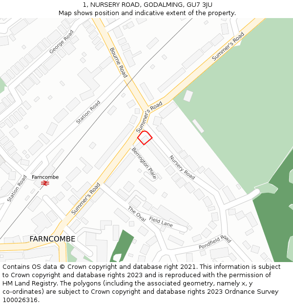 1, NURSERY ROAD, GODALMING, GU7 3JU: Location map and indicative extent of plot