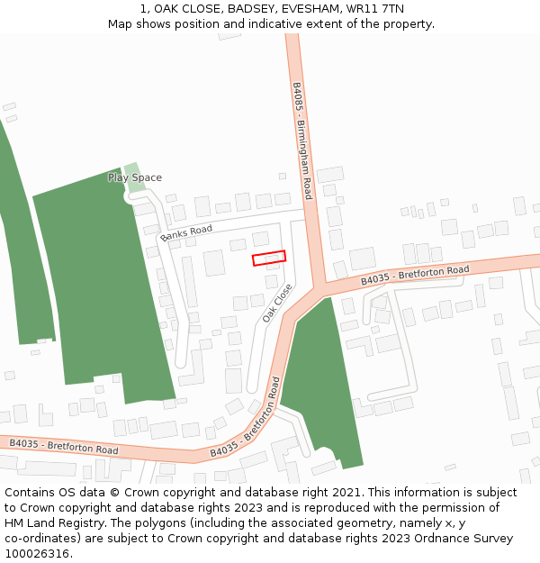 1, OAK CLOSE, BADSEY, EVESHAM, WR11 7TN: Location map and indicative extent of plot