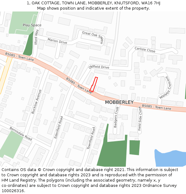 1, OAK COTTAGE, TOWN LANE, MOBBERLEY, KNUTSFORD, WA16 7HJ: Location map and indicative extent of plot