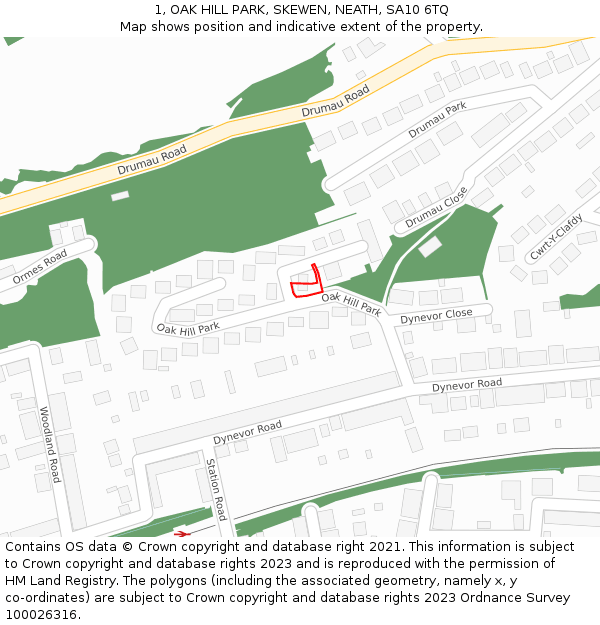 1, OAK HILL PARK, SKEWEN, NEATH, SA10 6TQ: Location map and indicative extent of plot