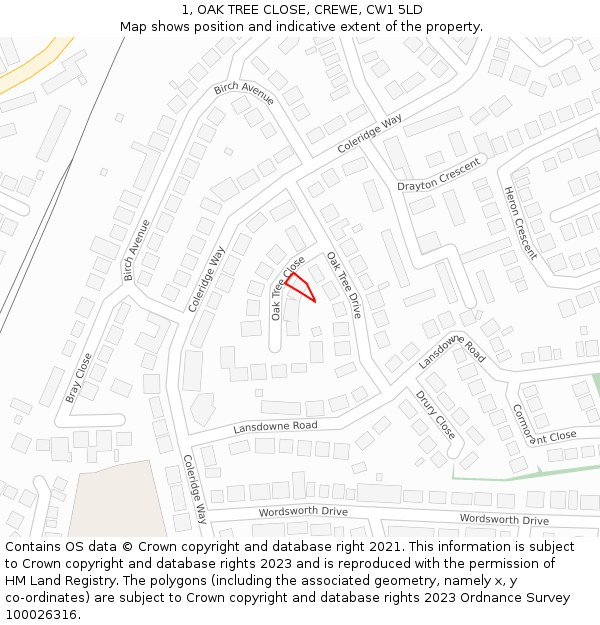 1, OAK TREE CLOSE, CREWE, CW1 5LD: Location map and indicative extent of plot