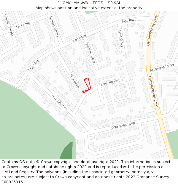 1, OAKHAM WAY, LEEDS, LS9 9AL: Location map and indicative extent of plot